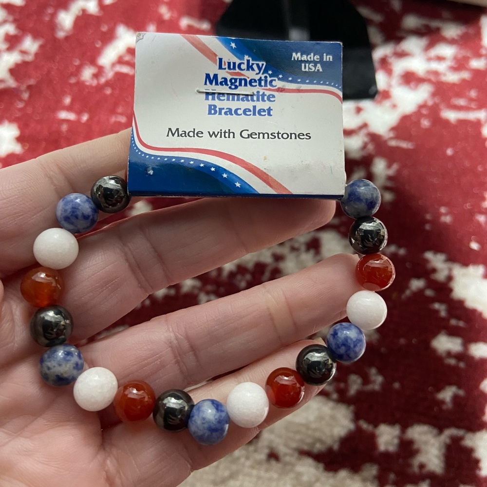 Lucky Magnetic Hematite Red White Blue Stone Patriotic Stretch Bracelet New